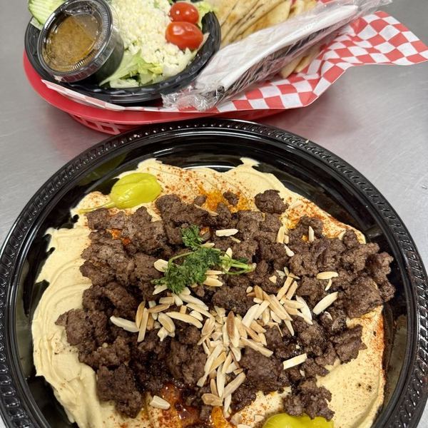 Hummus Bi Lahme at Wallstreet Deli & Catering, Greensboro NC